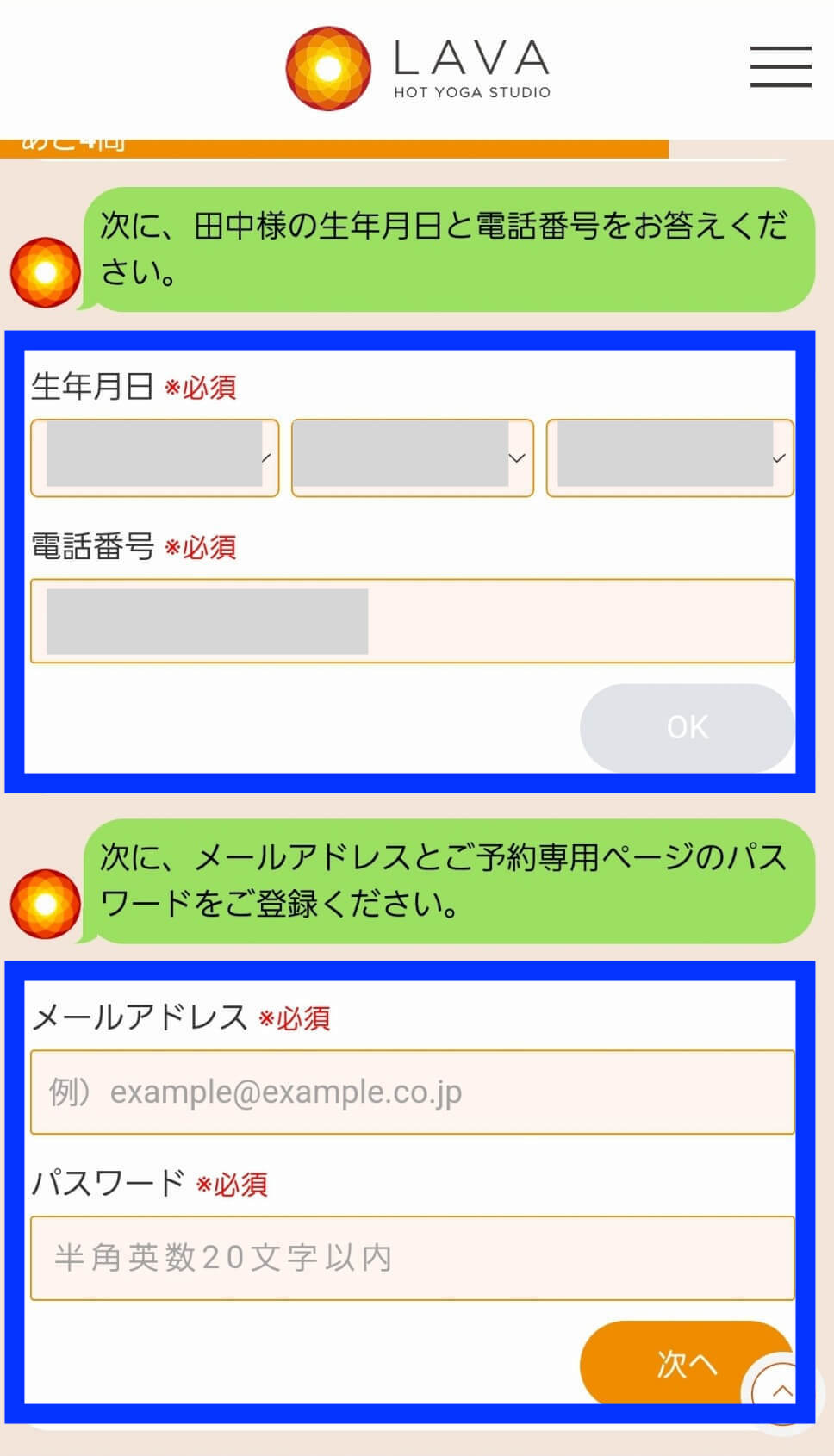 生年月日・電話番号・メールアドレスの入力