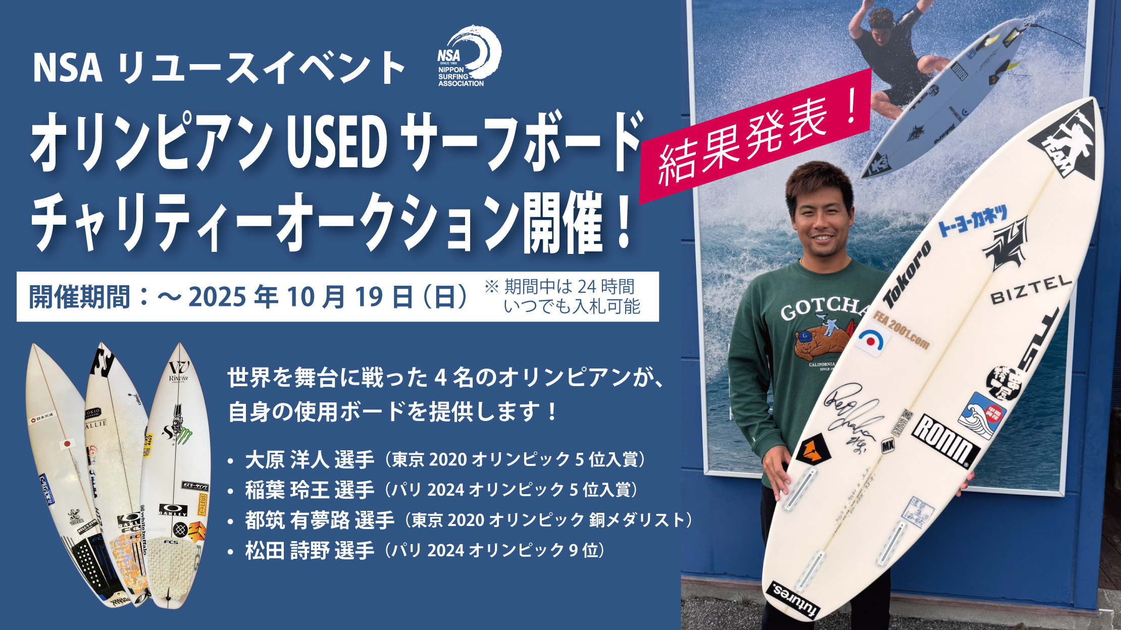 オリンピアンUSEDサーフボードチャリティーオークション リザルト